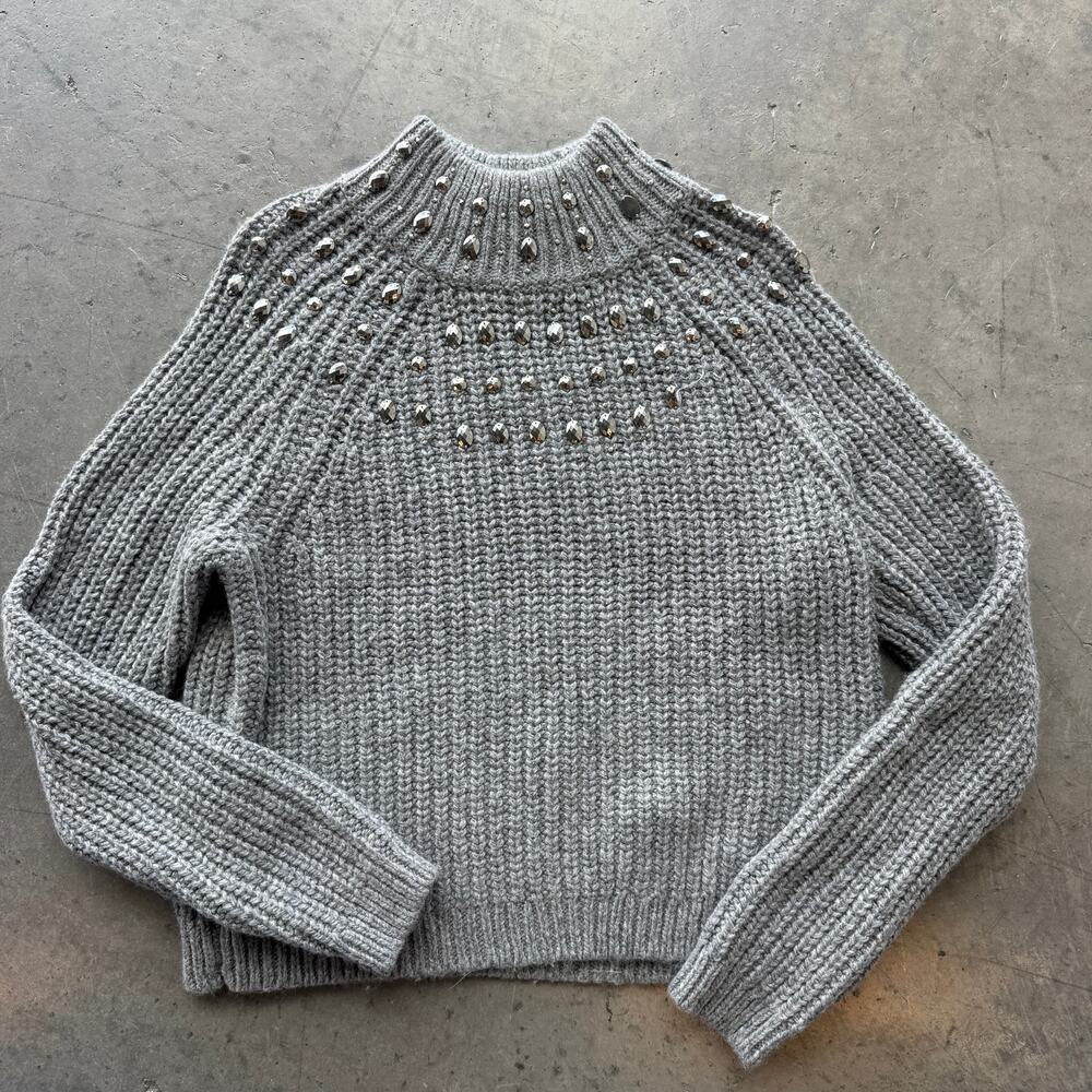 Vintage Y2k Embellished Grey Silver Mock Neck Longsleeve Knit Sweater Large